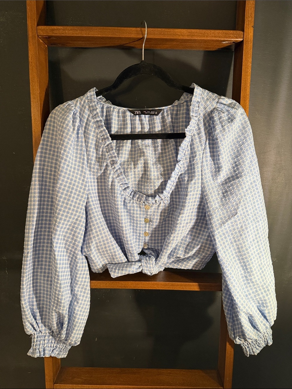 Zara Light Blue Gingham Ruffle Tie-Front Blouse
